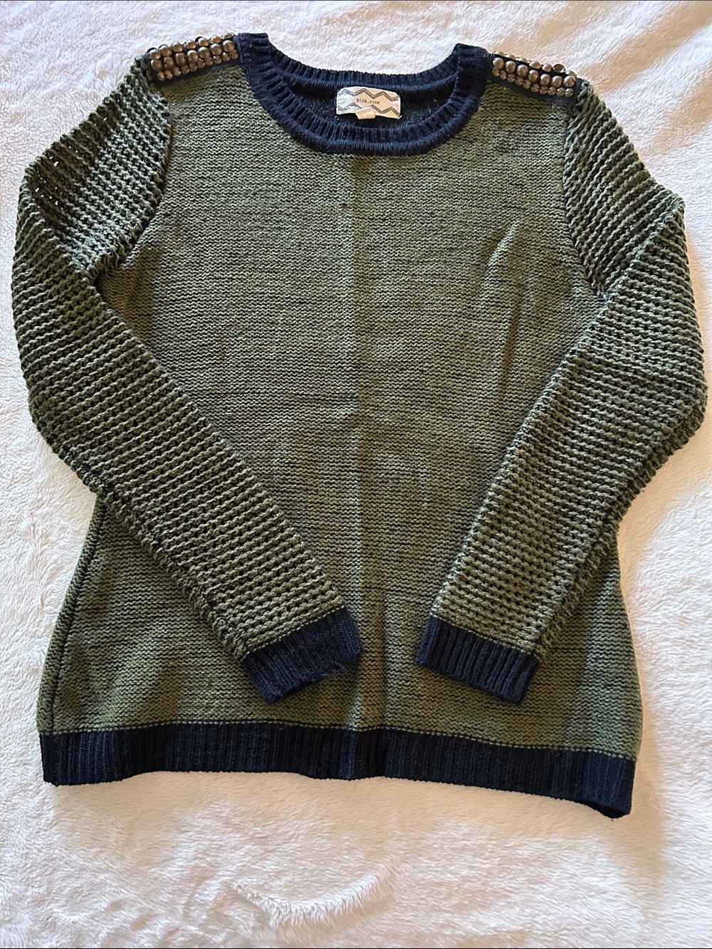 Pink Rose Olive & Black Crewneck Sweater with Studded Shoulders